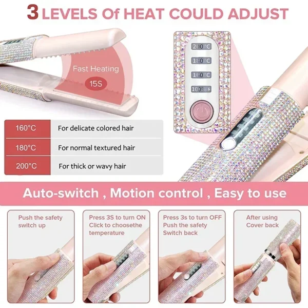 2-IN-1 Electric USB Hair Straightener Curler Fashion Colored Diamond  Design Wireless Travel Hair Straightening Styler Brush - Image 5