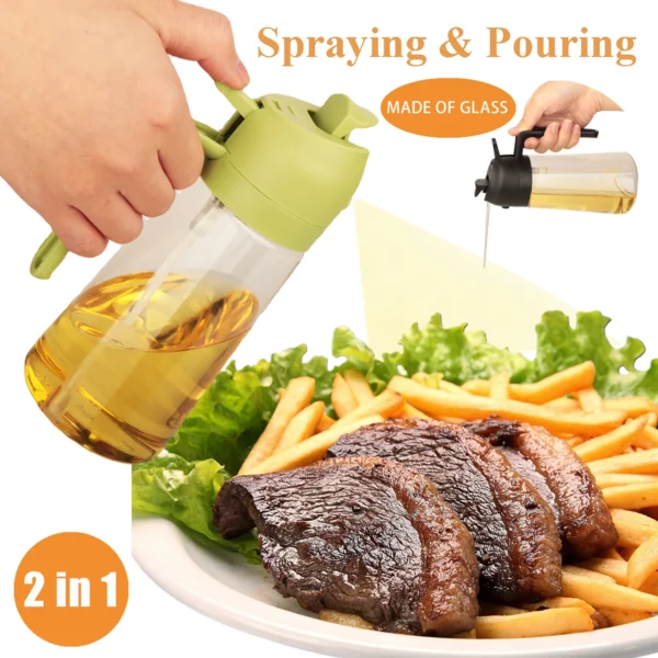 Glass Oil Dispenser Bottle for Kitchen, 2 in 1 Olive Oil Dispenser and Oil Sprayer, 470ml Olive Oil Spray Bottle for Cooking